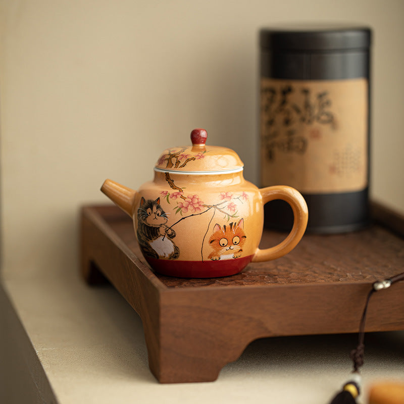 Authentic Wood-Fired Style Playful Cat Ningxiang Ceramic Teapot - 180ml Anti-Scald Gongfu Pot