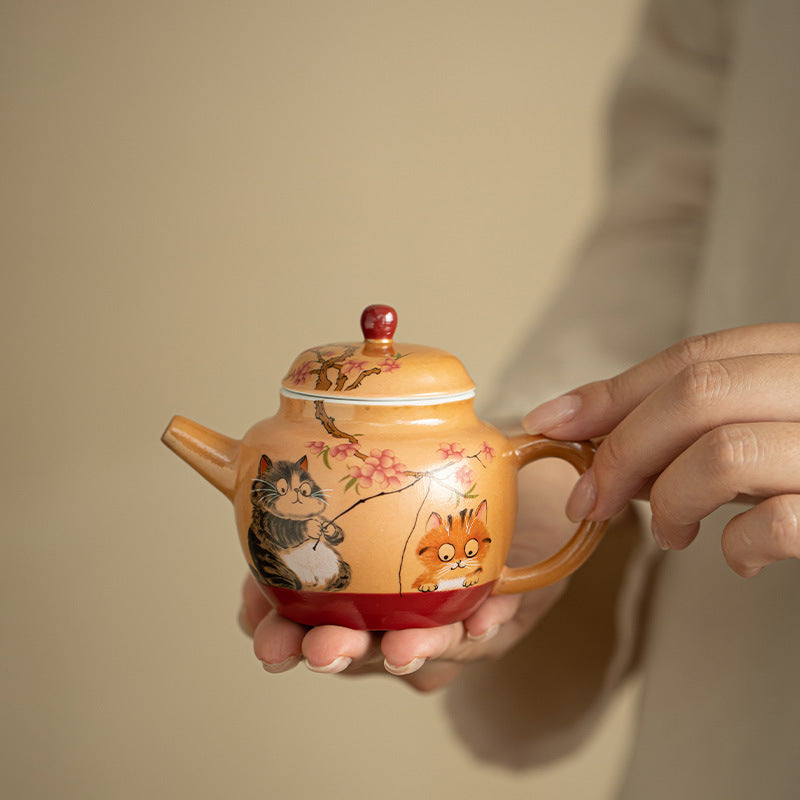 Authentic Wood-Fired Style Playful Cat Ningxiang Ceramic Teapot - 180ml Anti-Scald Gongfu Pot