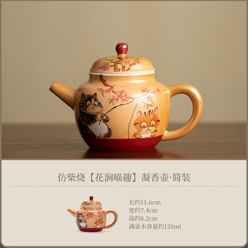 Authentic Wood-Fired Style Playful Cat Ningxiang Ceramic Teapot - 180ml Anti-Scald Gongfu Pot