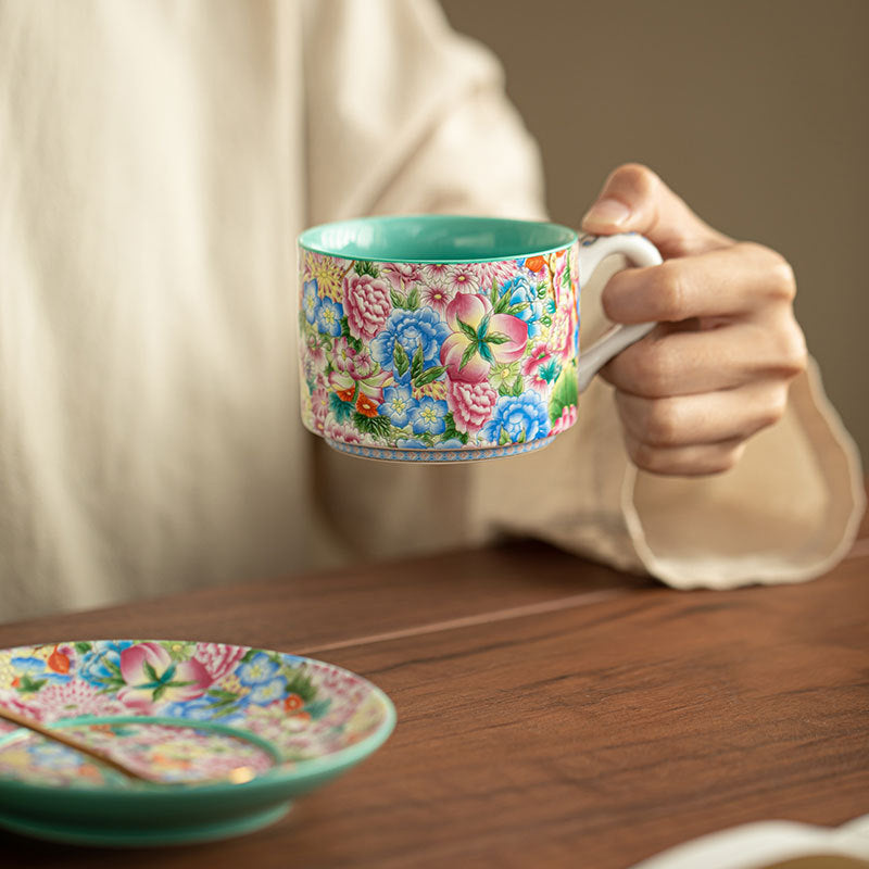 Authentic Jingdezhen Antique Wanhua Enamel Mantingfang Tea & Coffee Cup Set with Saucer & Spoon