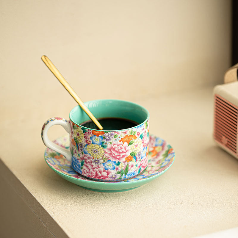 Authentic Jingdezhen Antique Wanhua Enamel Mantingfang Tea & Coffee Cup Set with Saucer & Spoon