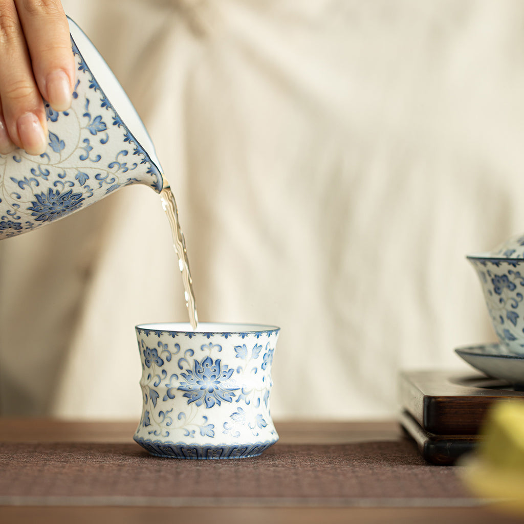 Authentic Blue & White Sterling Silver-Gilt Intertwined Lotus Bamboo-Joint Master Cup - 80ml Gift Box