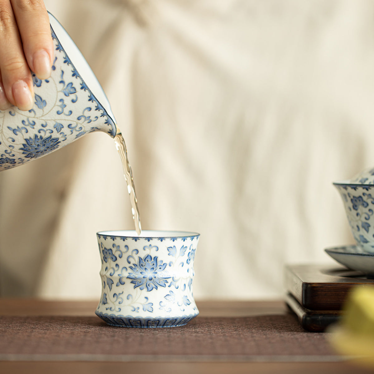 Authentic Blue & White Sterling Silver-Gilt Intertwined Lotus Bamboo-Joint Master Cup - 80ml Gift Box