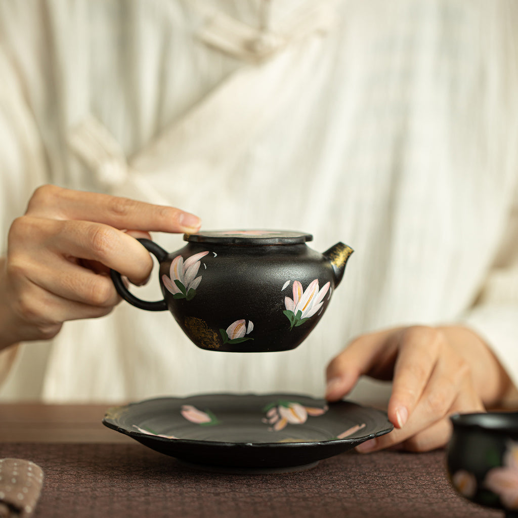 Authentic Black Pottery Hand-Painted Ink Lily Gilded Ceramic Teapot - 185ml Gongfu Pot