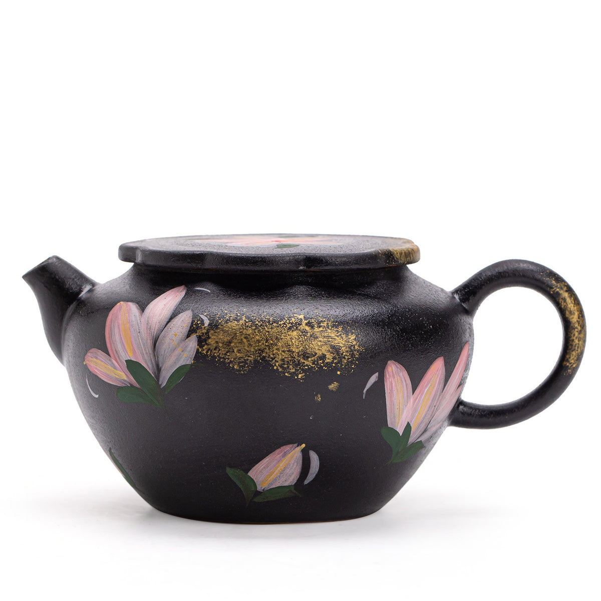 Authentic Black Pottery Hand-Painted Ink Lily Gilded Ceramic Teapot - 185ml Gongfu Pot