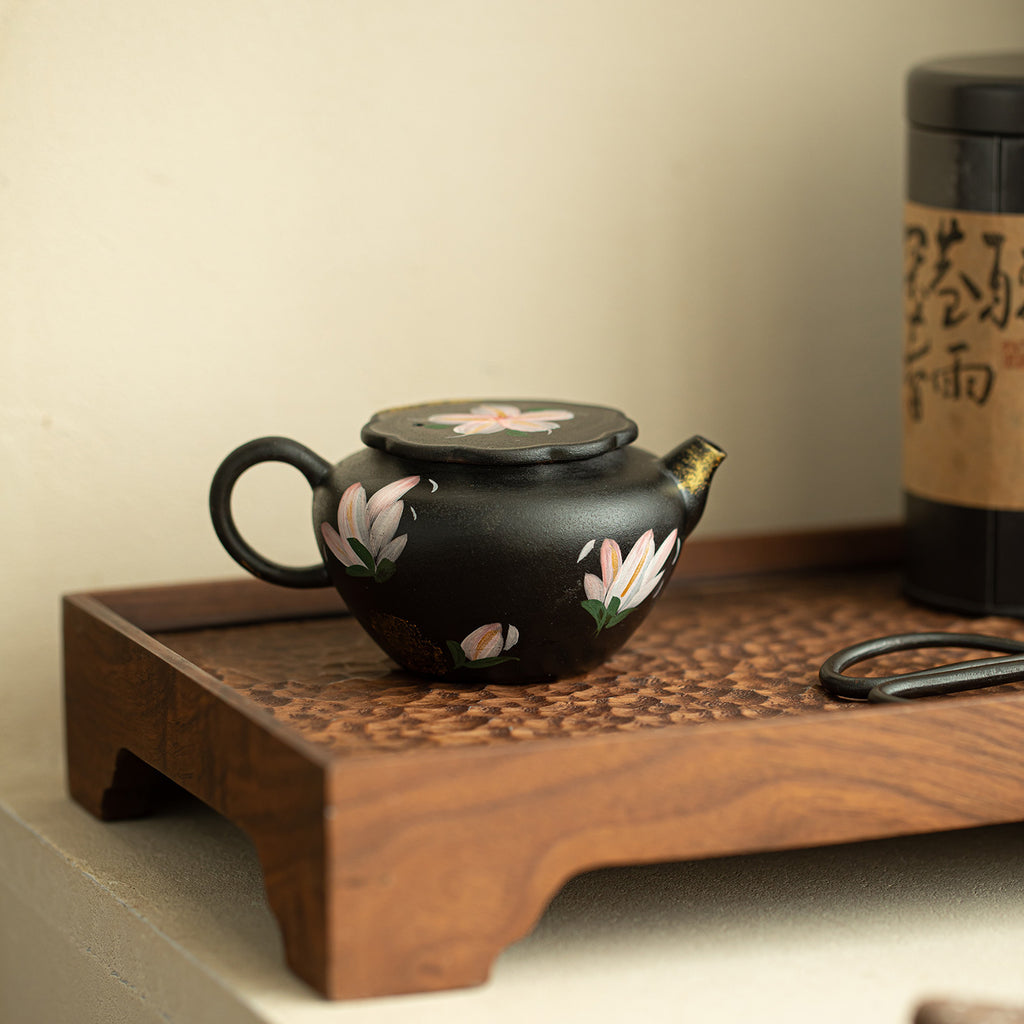 Authentic Black Pottery Hand-Painted Ink Lily Gilded Ceramic Teapot - 185ml Gongfu Pot