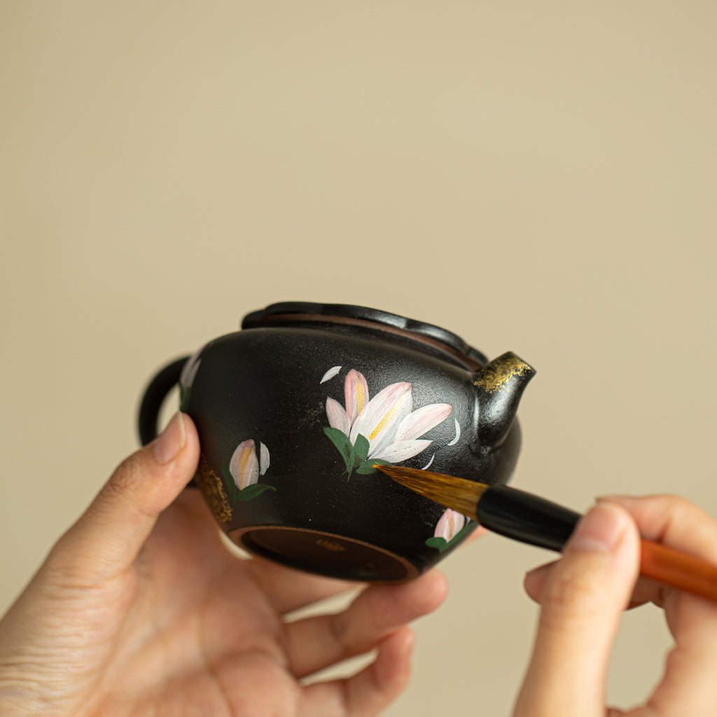Authentic Black Pottery Hand-Painted Ink Lily Gilded Ceramic Teapot - 185ml Gongfu Pot