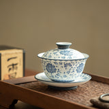 Authentic Blue & White Sterling Silver-Gilt Intertwined Lotus San Cai Gaiwan - 165ml Tea Bowl
