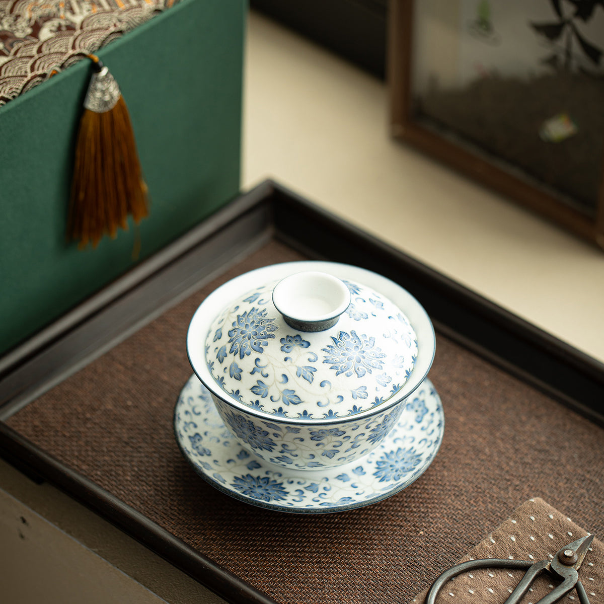 Authentic Blue & White Sterling Silver-Gilt Intertwined Lotus San Cai Gaiwan - 165ml Tea Bowl