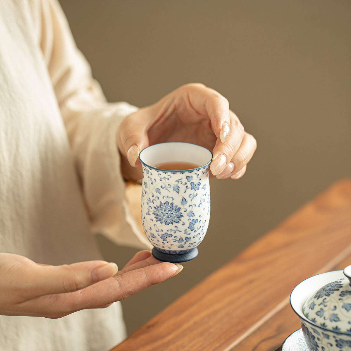 Authentic Blue & White Sterling Silver-Gilt Lotus Cinched-Waist Aroma Cup - 70ml Gift Box