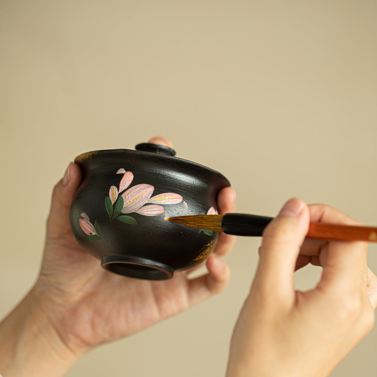 Authentic Black Pottery Ink Lily 24K Gilded Budai Large Gaiwan - 190ml Simmering Tea Bowl