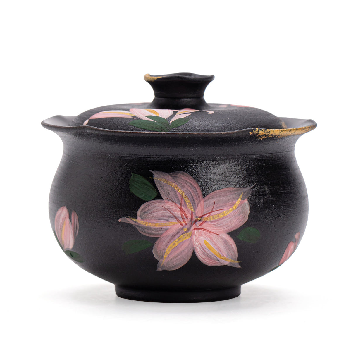Authentic Black Pottery Ink Lily 24K Gilded Budai Large Gaiwan - 190ml Simmering Tea Bowl