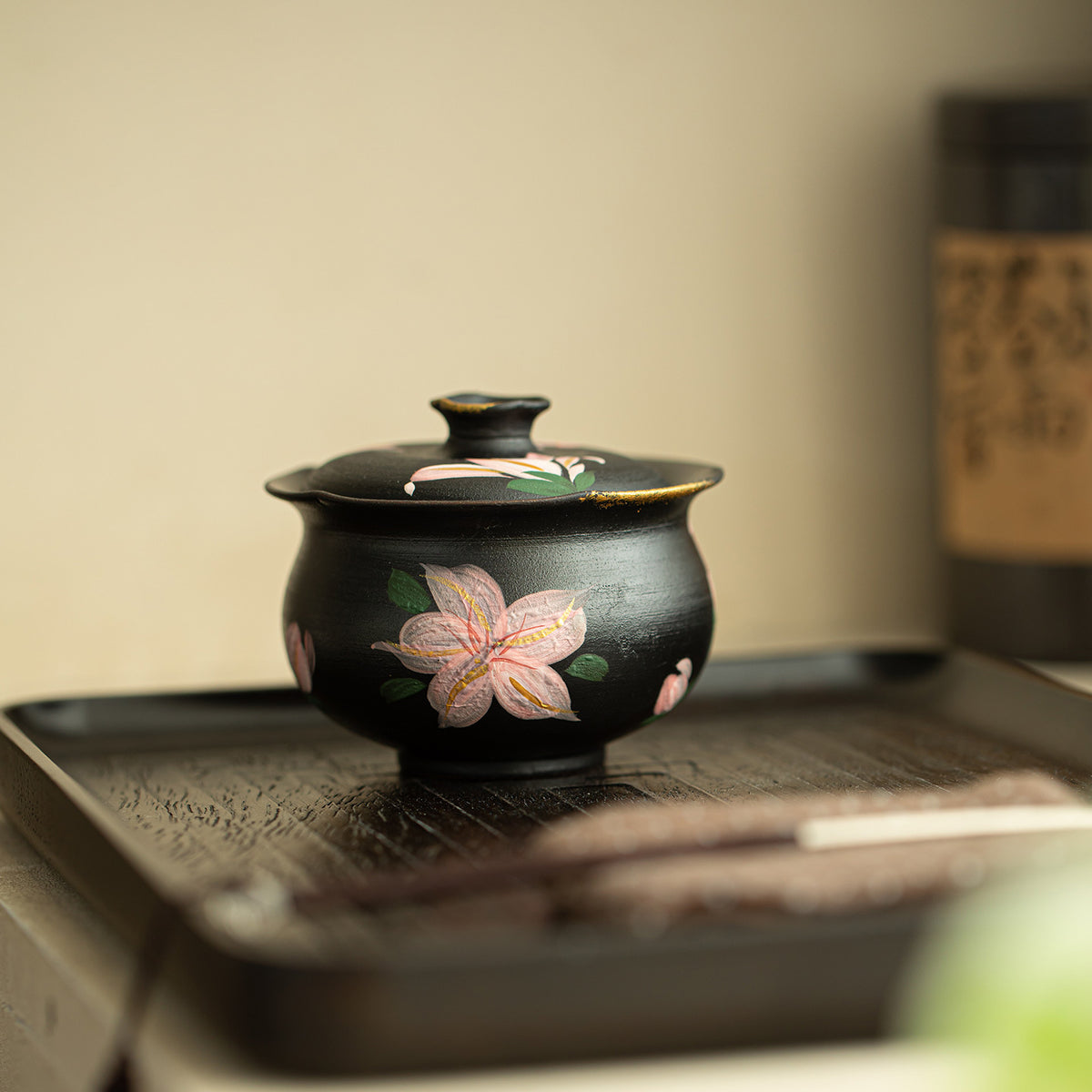 Authentic Black Pottery Ink Lily 24K Gilded Budai Large Gaiwan - 190ml Simmering Tea Bowl