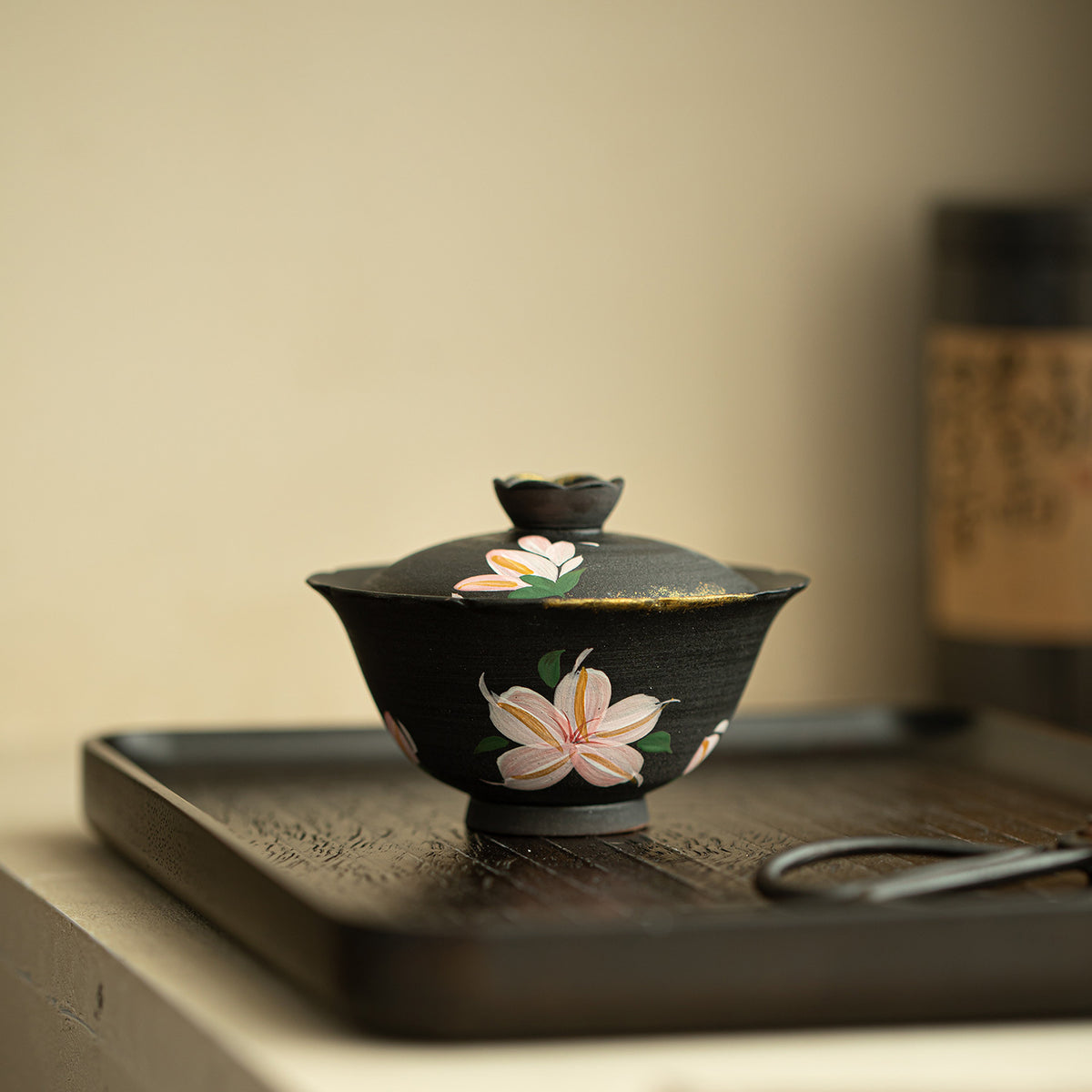 Authentic Black Pottery Pure Hand-Painted Ink Lily Gilded San Cai Gaiwan - 160ml Tea Bowl