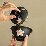 Authentic Black Pottery Pure Hand-Painted Ink Lily Gilded San Cai Gaiwan - 160ml Tea Bowl