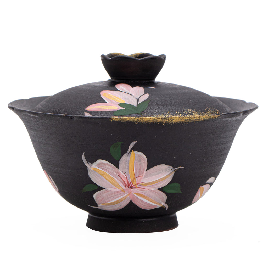 Authentic Black Pottery Pure Hand-Painted Ink Lily Gilded San Cai Gaiwan - 160ml Tea Bowl