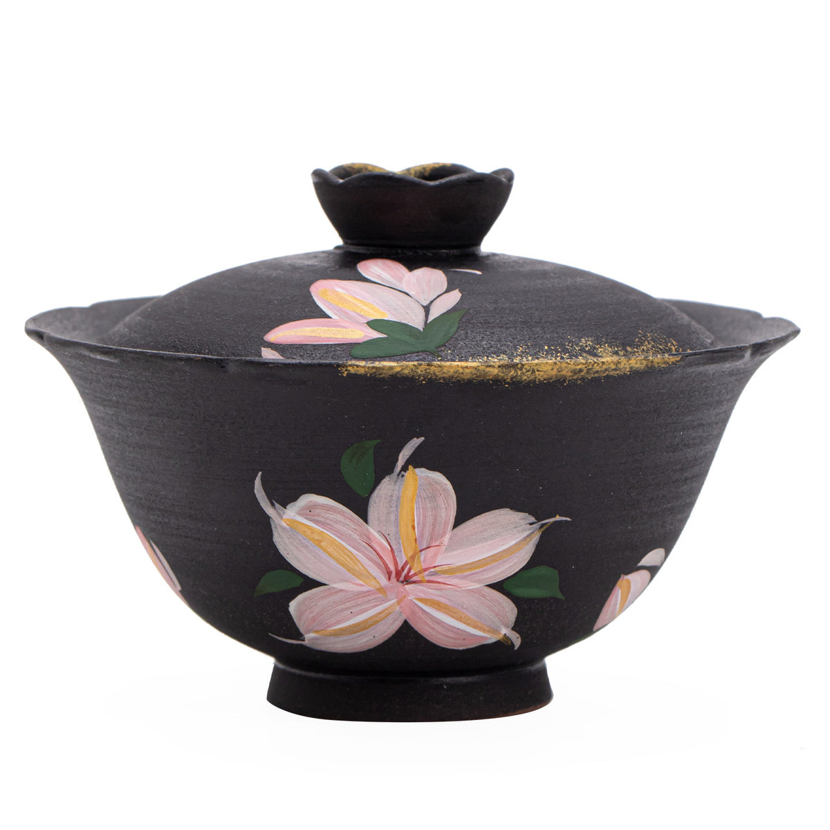 Authentic Black Pottery Pure Hand-Painted Ink Lily Gilded San Cai Gaiwan - 160ml Tea Bowl