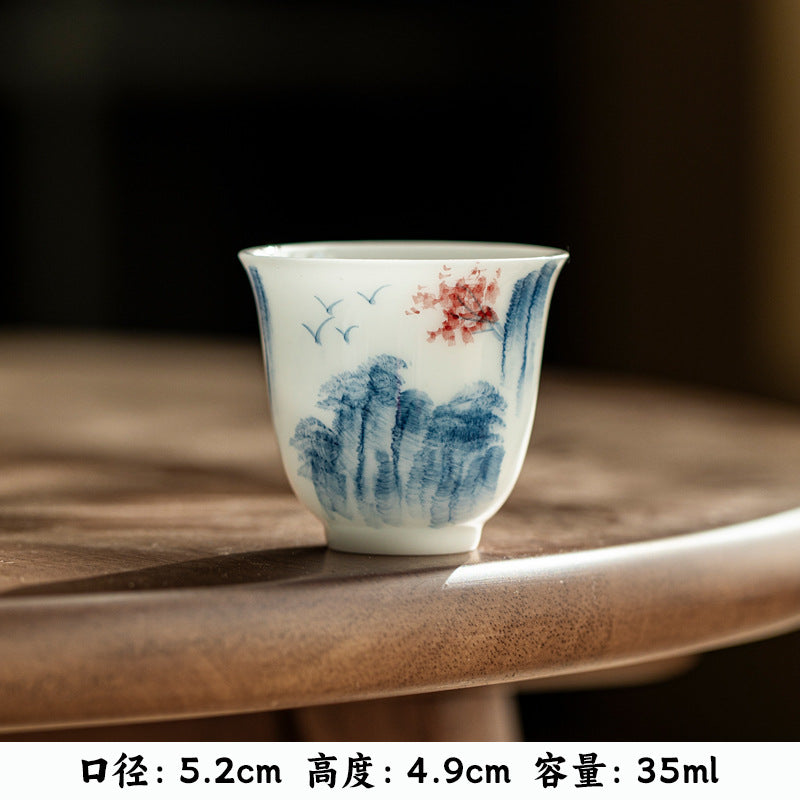 Luxury Dehua Ice Mutton-Fat Jade Blue & White Hand-Painted Master Teacup - 75ml Gongfu Cup