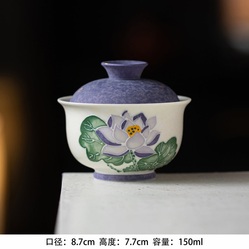 Handcrafted Arita-Style Purple Rhyme Lotus Solo Gaiwan & Cup Tea Set with Gold Tracing - 2pc Suite