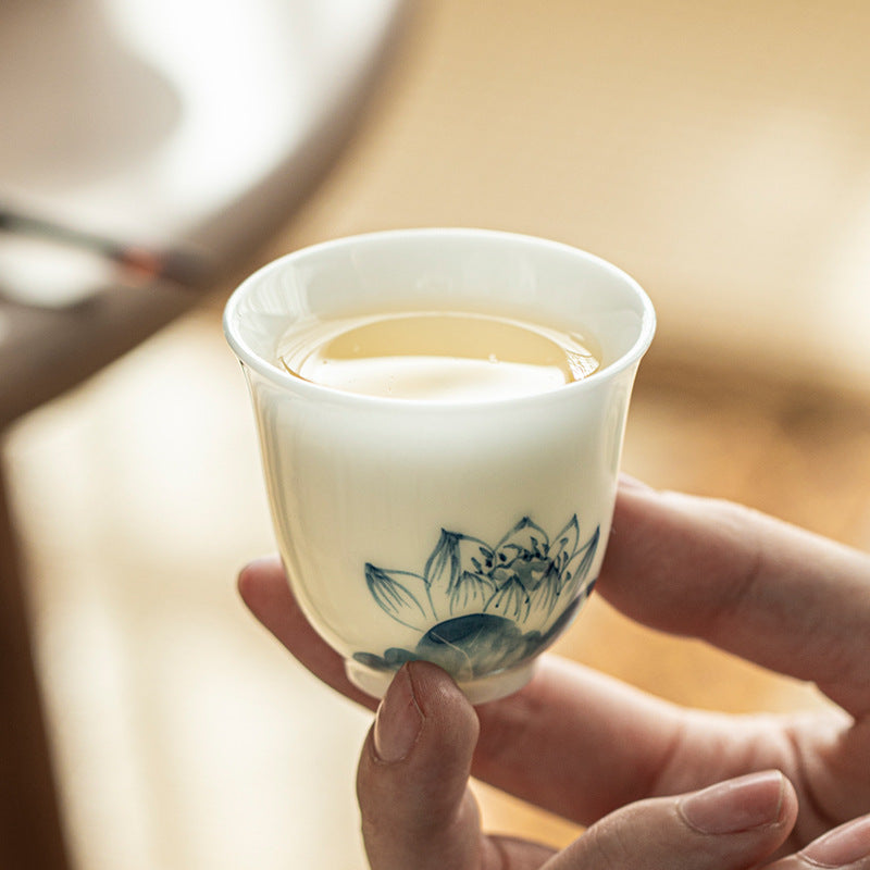 Luxury Dehua Ice Mutton-Fat Jade Blue & White Hand-Painted Master Teacup - 75ml Gongfu Cup