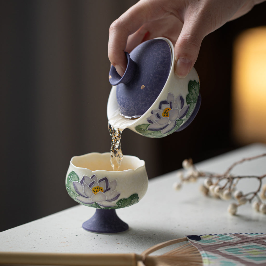 Handcrafted Arita-Style Purple Rhyme Lotus Solo Gaiwan & Cup Tea Set with Gold Tracing - 2pc Suite