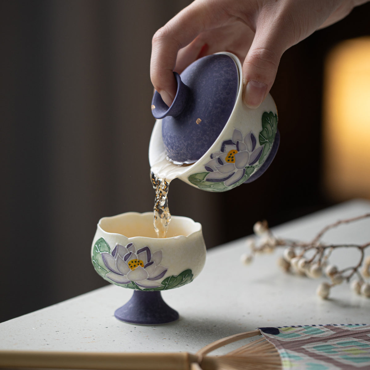 Handcrafted Arita-Style Purple Rhyme Lotus Solo Gaiwan & Cup Tea Set with Gold Tracing - 2pc Suite