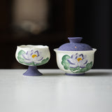 Handcrafted Arita-Style Purple Rhyme Lotus Solo Gaiwan & Cup Tea Set with Gold Tracing - 2pc Suite