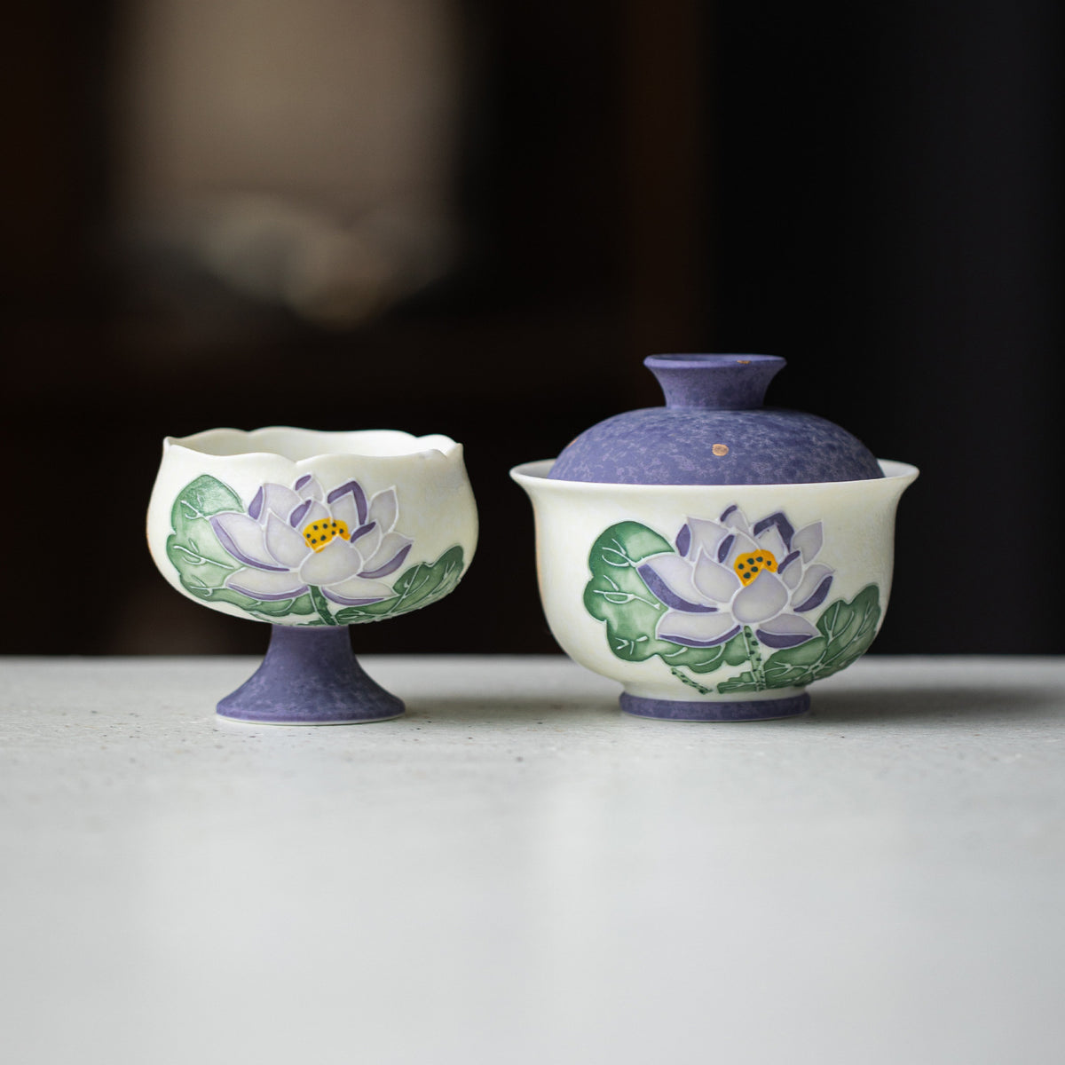 Handcrafted Arita-Style Purple Rhyme Lotus Solo Gaiwan & Cup Tea Set with Gold Tracing - 2pc Suite