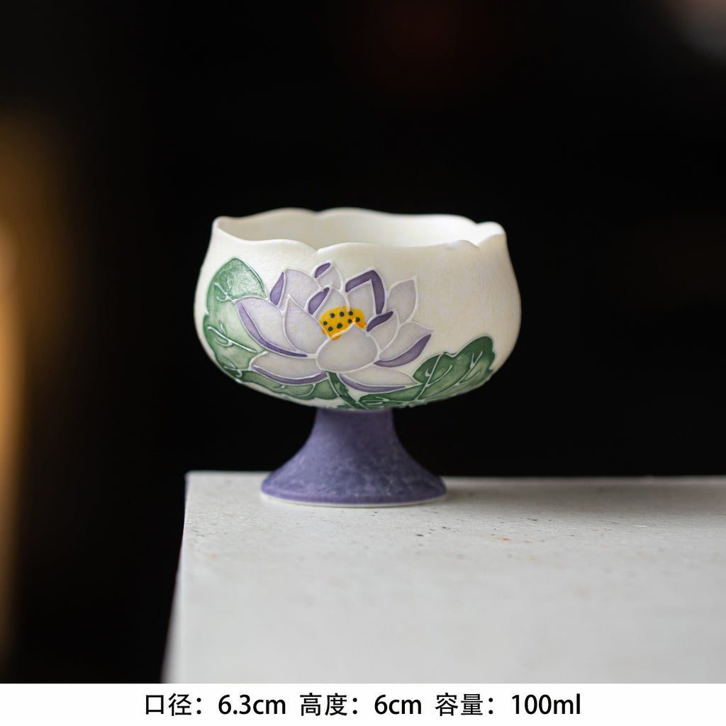 Handcrafted Arita-Style Purple Rhyme Lotus Solo Gaiwan & Cup Tea Set with Gold Tracing - 2pc Suite