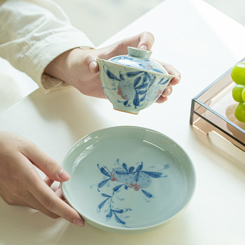 Authentic Antique Blue & White Pomegranate San Cai Gaiwan - 165ml Anti-Scald Gongfu Tea Bowl