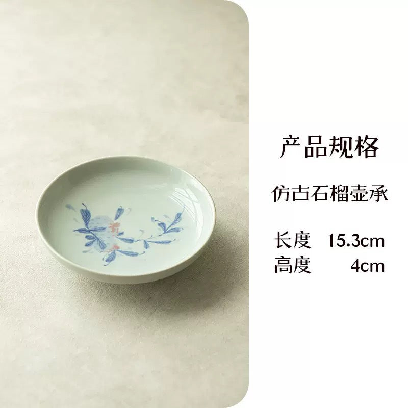 Authentic Antique Blue & White Pomegranate San Cai Gaiwan - 165ml Anti-Scald Gongfu Tea Bowl