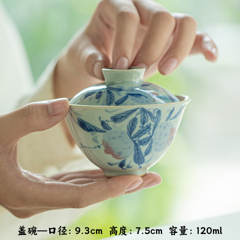 Authentic Antique Blue & White Pomegranate San Cai Gaiwan - 165ml Anti-Scald Gongfu Tea Bowl
