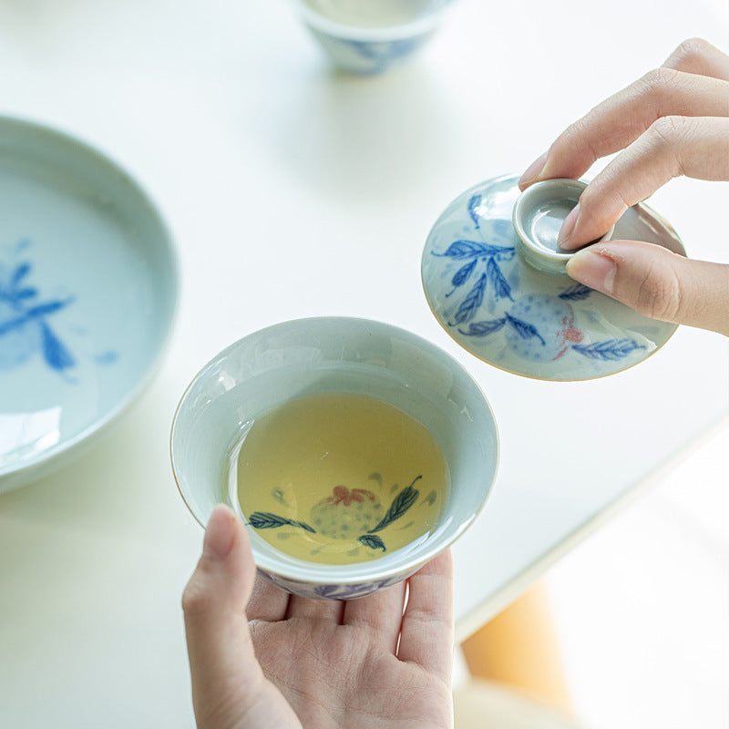 Authentic Antique Blue & White Pomegranate San Cai Gaiwan - 165ml Anti-Scald Gongfu Tea Bowl
