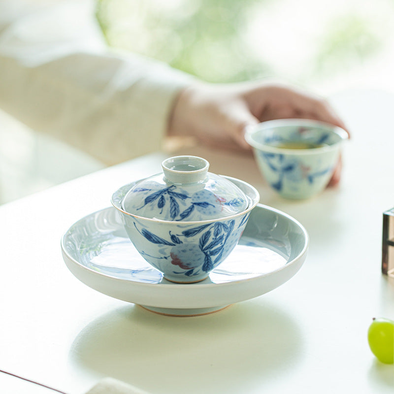Authentic Antique Blue & White Pomegranate San Cai Gaiwan - 165ml Anti-Scald Gongfu Tea Bowl
