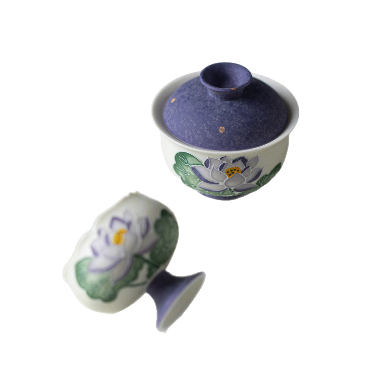 Handcrafted Arita-Style Purple Rhyme Lotus Solo Gaiwan & Cup Tea Set with Gold Tracing - 2pc Suite