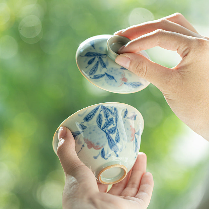 Authentic Antique Blue & White Pomegranate San Cai Gaiwan - 165ml Anti-Scald Gongfu Tea Bowl