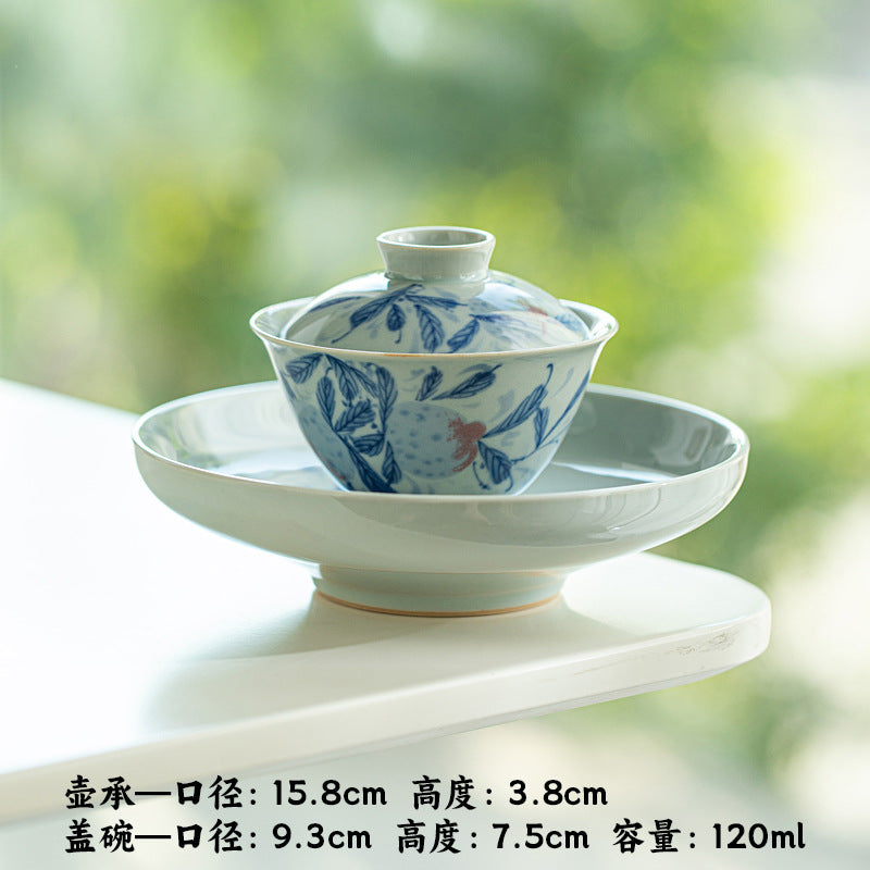 Authentic Antique Blue & White Pomegranate San Cai Gaiwan - 165ml Anti-Scald Gongfu Tea Bowl