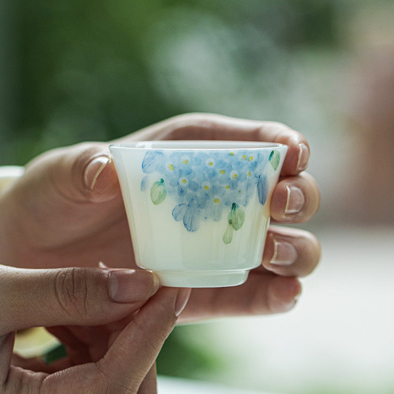 Luxury Dehua Ice Mutton-Fat Jade Hand-Painted Hydrangea Horseshoe Master Teacup - 80ml Cup