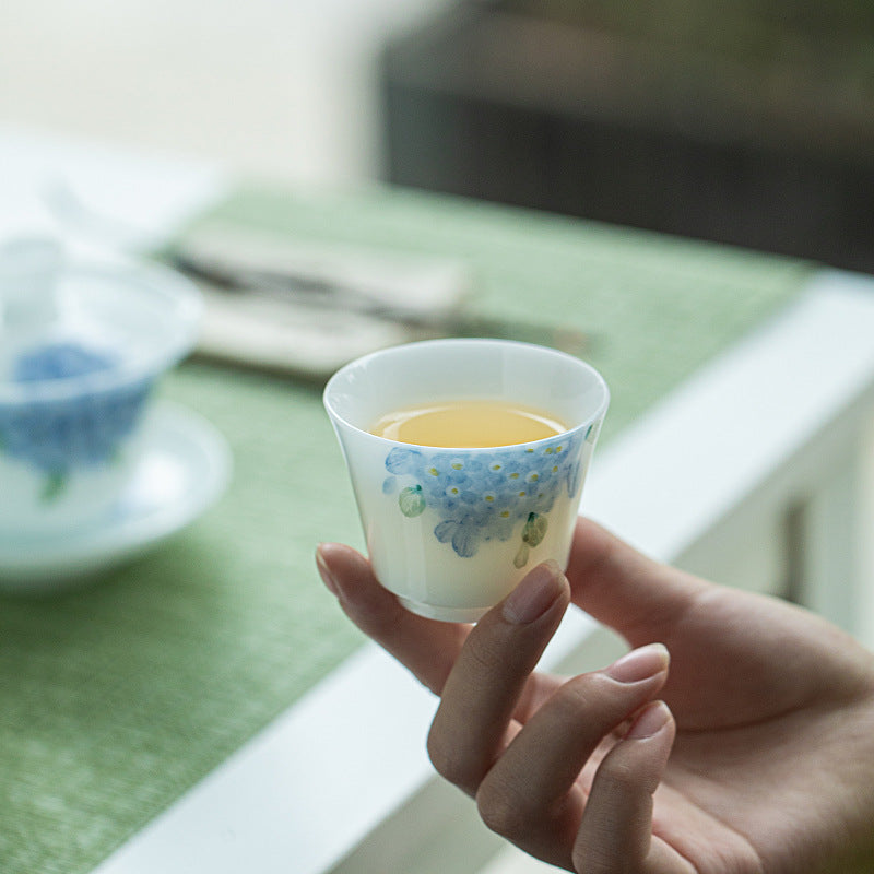 Luxury Dehua Ice Mutton-Fat Jade Hand-Painted Hydrangea Horseshoe Master Teacup - 80ml Cup
