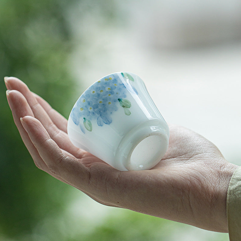 Luxury Dehua Ice Mutton-Fat Jade Hand-Painted Hydrangea Horseshoe Master Teacup - 80ml Cup