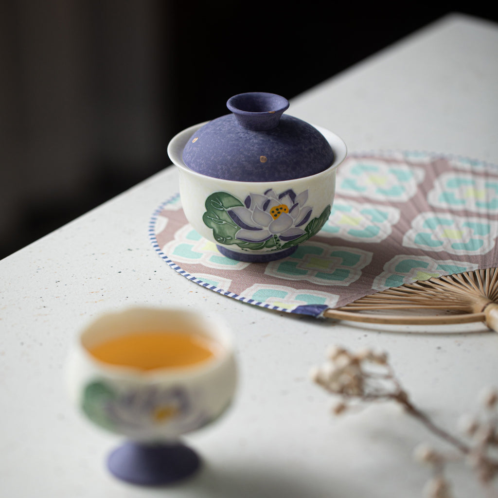 Handcrafted Arita-Style Purple Rhyme Lotus Solo Gaiwan & Cup Tea Set with Gold Tracing - 2pc Suite