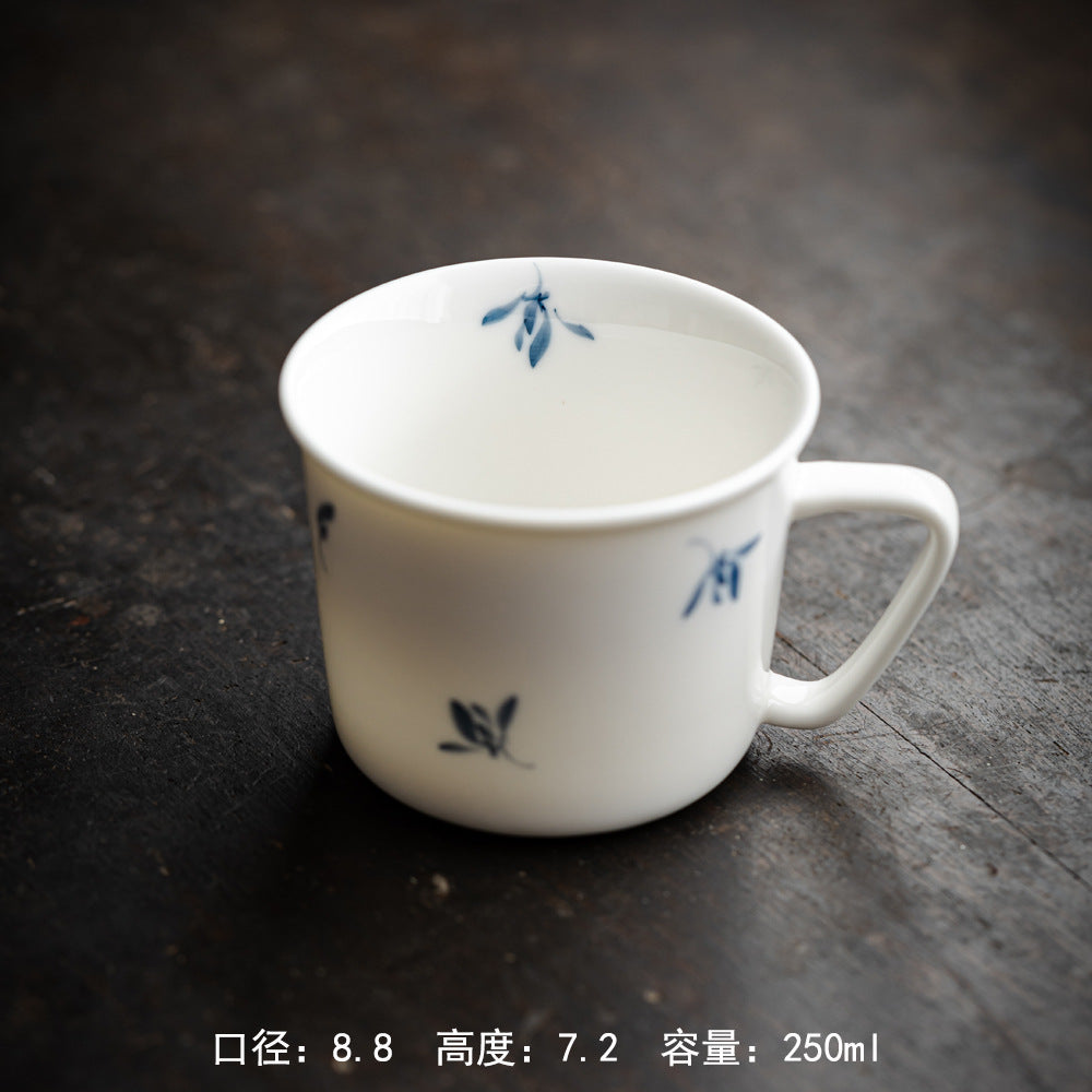 Authentic High-White Porcelain Hand-Painted Blue-Ink Butterfly Orchid Mug - 350ml Office Cup