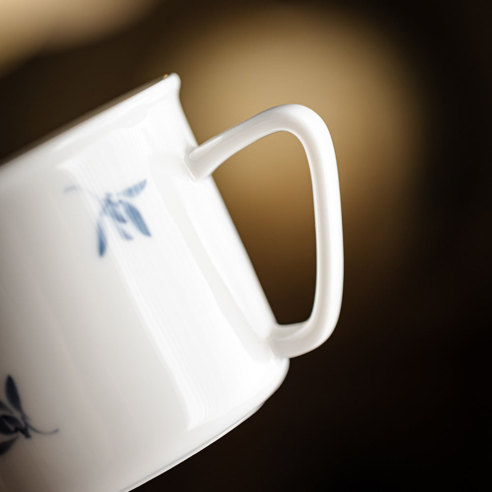 Authentic High-White Porcelain Hand-Painted Blue-Ink Butterfly Orchid Mug - 350ml Office Cup