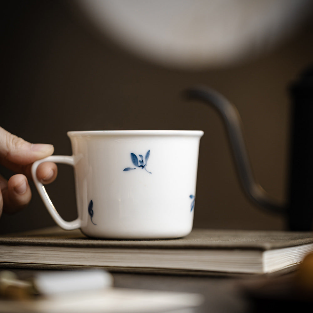 Authentic High-White Porcelain Hand-Painted Blue-Ink Butterfly Orchid Mug - 350ml Office Cup
