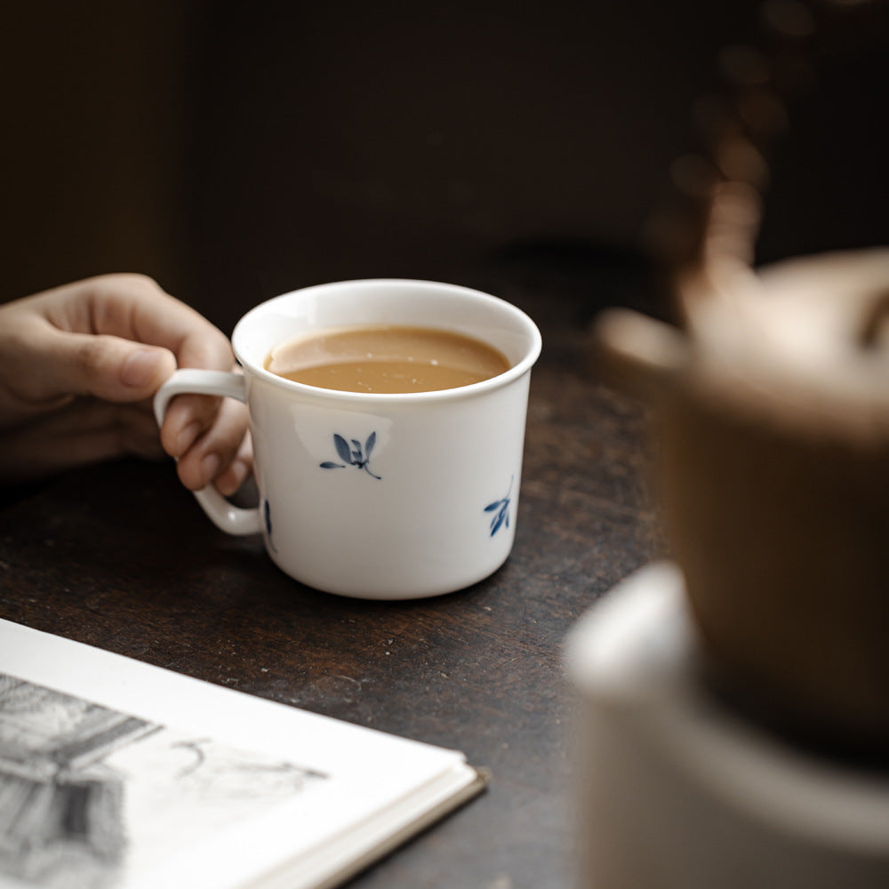 Authentic High-White Porcelain Hand-Painted Blue-Ink Butterfly Orchid Mug - 350ml Office Cup