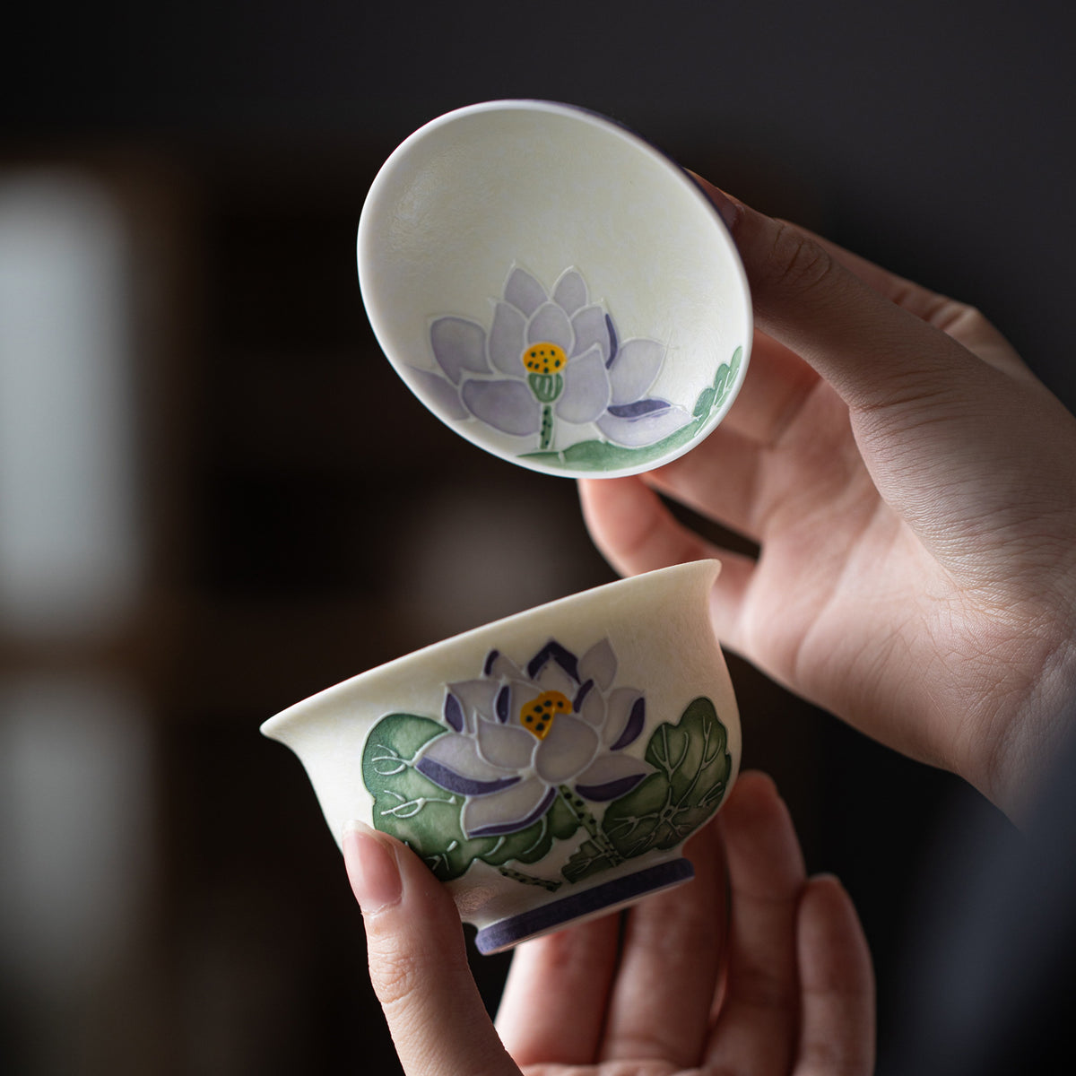 Handcrafted Arita-Style Purple Rhyme Lotus Solo Gaiwan & Cup Tea Set with Gold Tracing - 2pc Suite