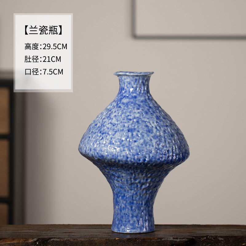 Blue textured ceramic vase with dimensions