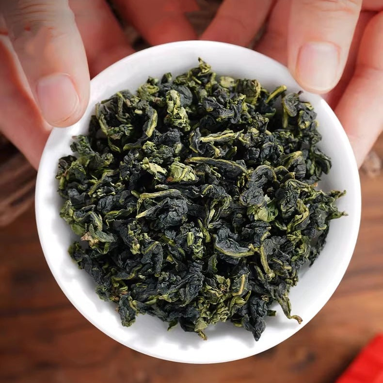 Close-up of rolled Tie Guan Yin oolong tea leaves
