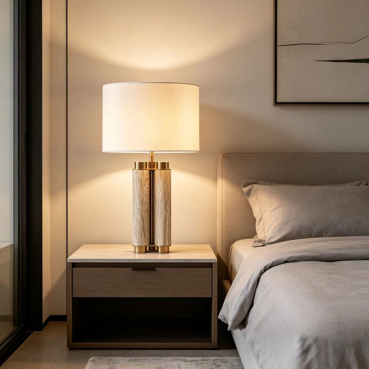 Travertine brass table lamp used as refined bedside lighting