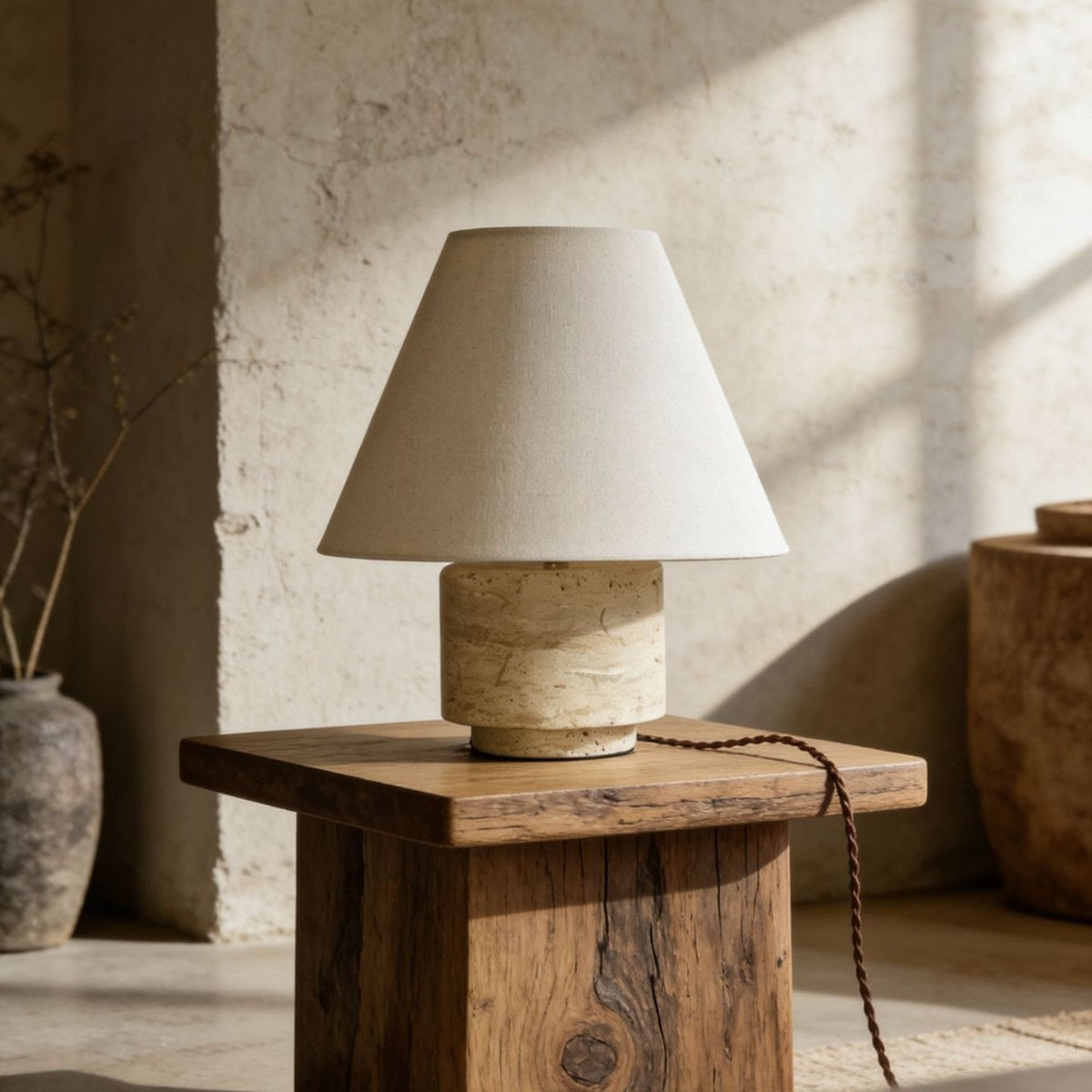 Natural travertine table lamp styled on rustic wood in a Wabi-Sabi interior